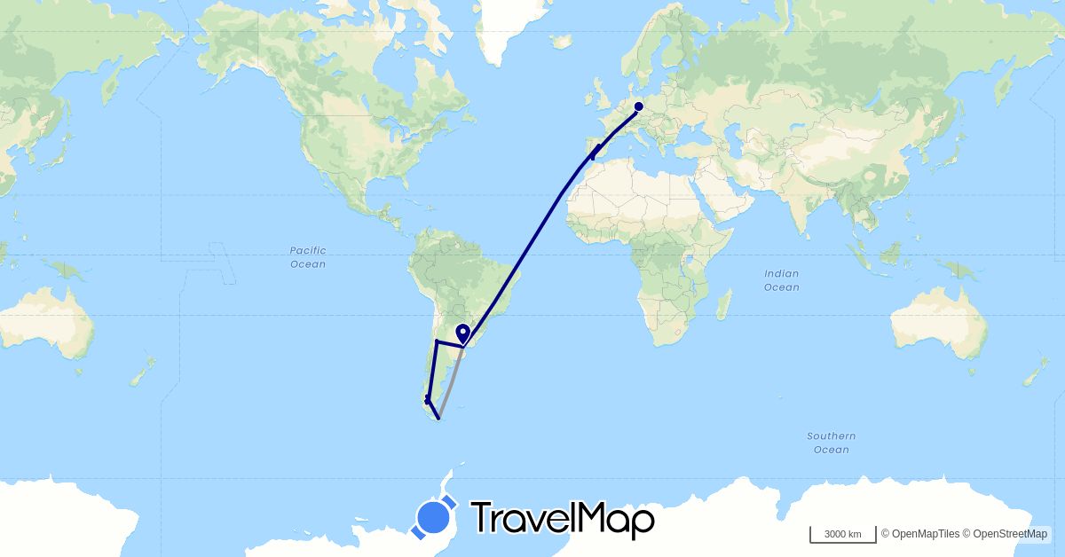 TravelMap itinerary: driving, plane in Argentina, Chile, Germany, Spain (Europe, South America)